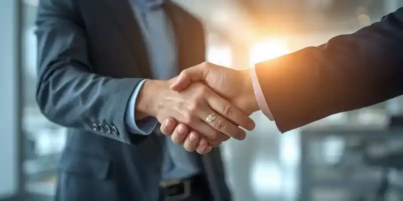 Agente di commercio che stringe la mano a un cliente in un ufficio moderno, simboleggiando l'unione tra relazioni umane e digitalizzazione aziendale.