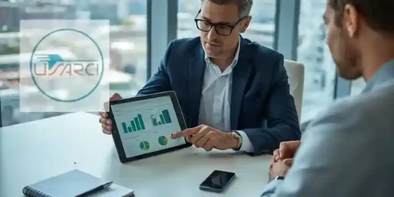 Un agente di commercio esperto mostra dati di vendita su un tablet a un giovane collega in un ufficio moderno.