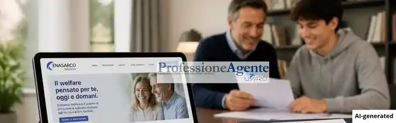 Agente di commercio in studio con il figlio studente e tablet aperto sulle prestazioni assistenziali Enasarco per la scuola