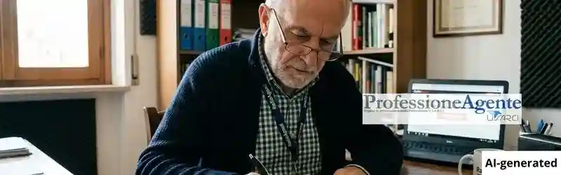 giusta causa per calo fatturato Un commercialista o agente di commercio anziano esamina e firma un documento di "Disdetta per Giusta Causa" alla sua scrivania. suggerendo un collegamento al tema dell'articolo. Sono visibili vari materiali da ufficio