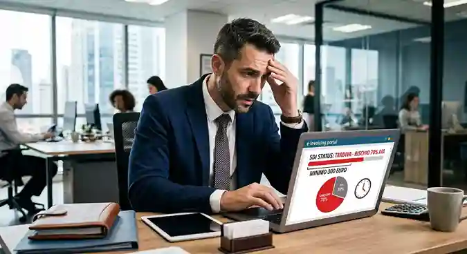 alt="Sanzioni fattura elettronica tardiva per agenti di commercio con rischio 70% IVA e calcolo minima"