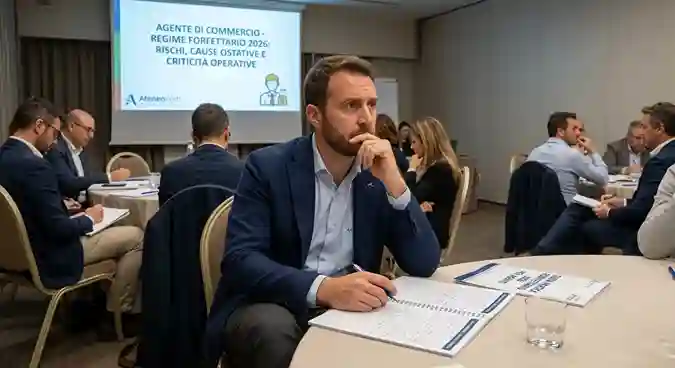 forfettario agenti di commercio Agente di commercio intento ad analizzare i rischi e le cause ostative del regime forfettario 2026 durante un seminario